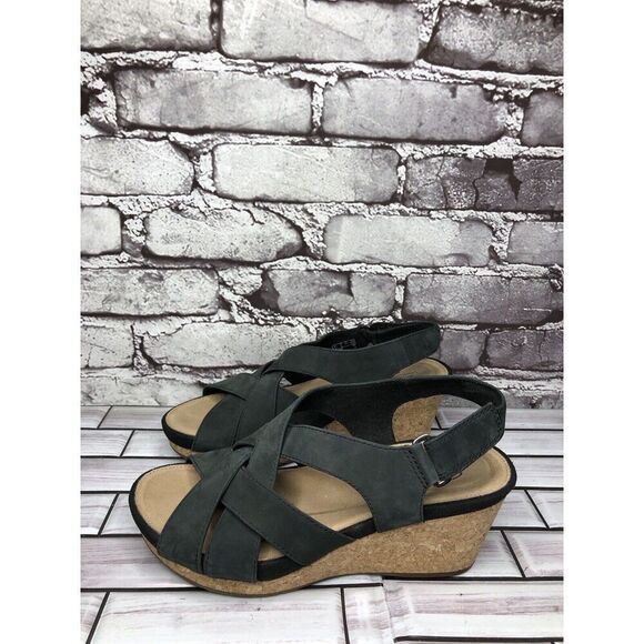 Clarks Unstructured Black Leather Criss Cross Strap Cork Wedge Sandals Women 7M - Picture 11 of 16